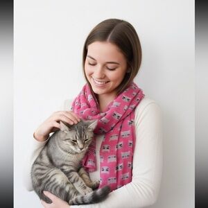 Scarf polyester pink with gray cat print